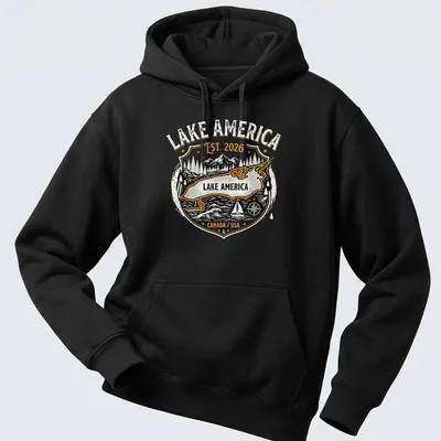 Vintage badge Lake America t-shirt featuring black and orange text and imagery. — printed on a unisex hoodie