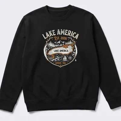 Vintage badge Lake America t-shirt featuring black and orange text and imagery. — printed on a unisex sweatshirt