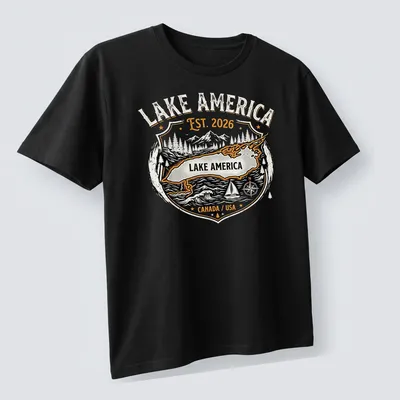Vintage badge Lake America t-shirt featuring black and orange text and imagery. — printed on a unisex t-shirt (angled view)