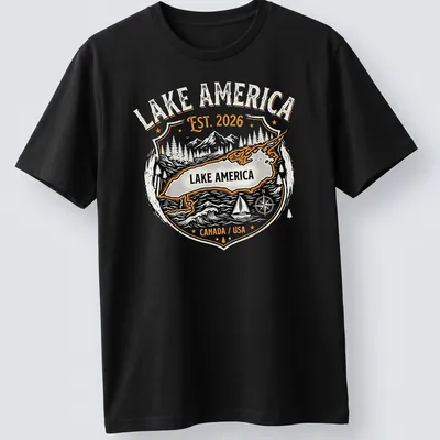 Vintage badge Lake America t-shirt featuring black and orange text and imagery.