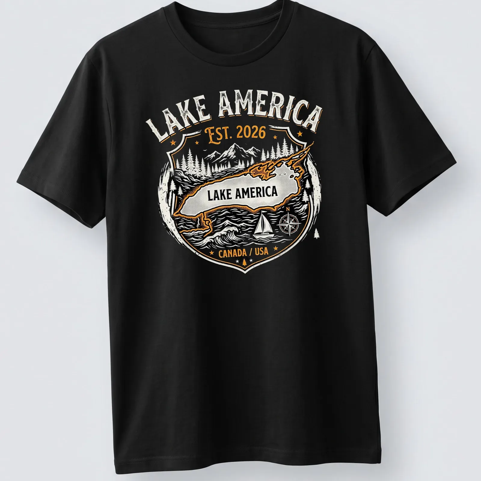 Vintage badge Lake America t-shirt featuring black and orange text and imagery. — printed on a unisex t-shirt
