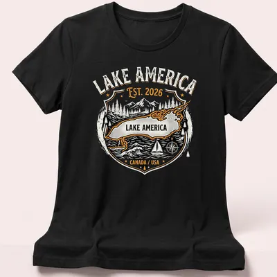 Vintage badge Lake America t-shirt featuring black and orange text and imagery. — printed on a women's shirt