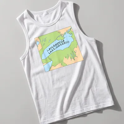 Cartoon-style map of Lake Ontario with text Lake America LAKE ONTARIO — printed on a tank top
