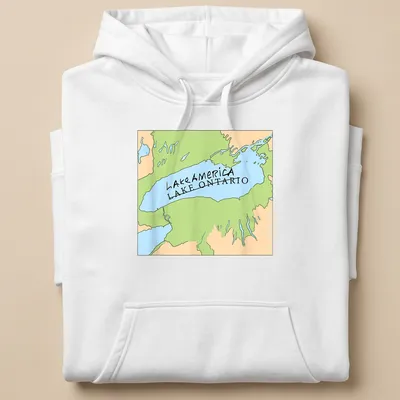 Cartoon-style map of Lake Ontario with text Lake America LAKE ONTARIO — printed on a unisex hoodie