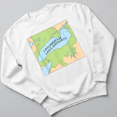 Cartoon-style map of Lake Ontario with text Lake America LAKE ONTARIO — printed on a unisex sweatshirt