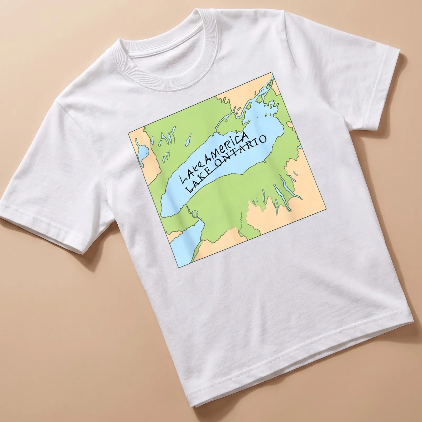 Cartoon-style map of Lake Ontario with text Lake America LAKE ONTARIO — printed on a unisex t-shirt