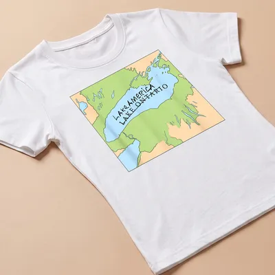 Cartoon-style map of Lake Ontario with text Lake America LAKE ONTARIO — printed on a women's shirt
