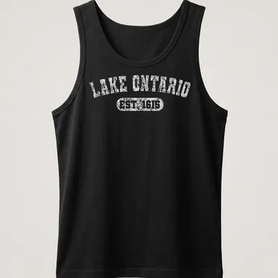 Vintage design featuring Lake Ontario Est 1615 in classic font on white — printed on a tank top