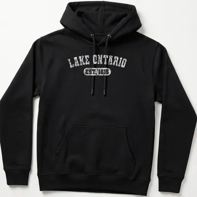 Vintage design featuring Lake Ontario Est 1615 in classic font on white — printed on a unisex hoodie