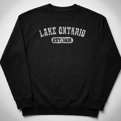 Vintage design featuring Lake Ontario Est 1615 in classic font on white — printed on a unisex sweatshirt