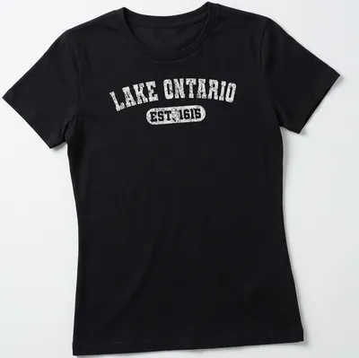 Vintage design featuring Lake Ontario Est 1615 in classic font on white — printed on a women's shirt