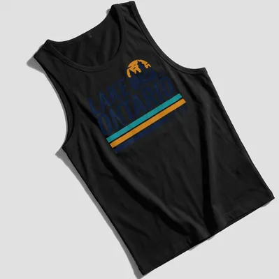 Retro vintage Lake Ontario T-shirt with lighthouse illustration and established date — printed on a tank top