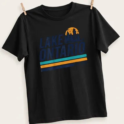 Retro vintage Lake Ontario T-shirt with lighthouse illustration and established date — printed on a unisex t-shirt