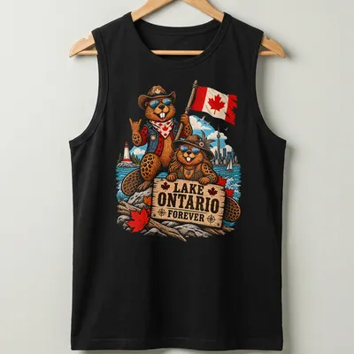 Vintage cartoon t-shirt with Canadian beavers and 'Lake Ontario Forever' text — printed on a tank top