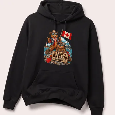 Vintage cartoon t-shirt with Canadian beavers and 'Lake Ontario Forever' text — printed on a unisex hoodie