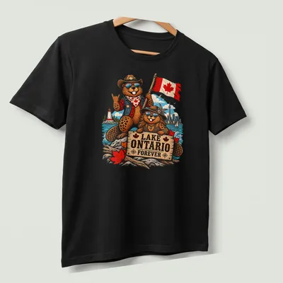 Vintage cartoon t-shirt with Canadian beavers and 'Lake Ontario Forever' text — printed on a unisex t-shirt (angled view)