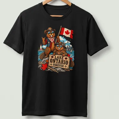 Vintage cartoon t-shirt with Canadian beavers and 'Lake Ontario Forever' text — printed on a unisex t-shirt