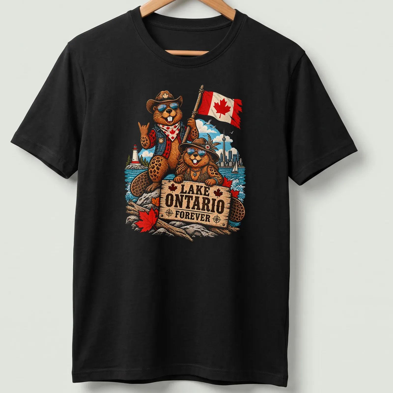 Vintage cartoon t-shirt with Canadian beavers and 'Lake Ontario Forever' text — printed on a unisex t-shirt