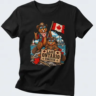 Vintage cartoon t-shirt with Canadian beavers and 'Lake Ontario Forever' text — printed on a women's shirt