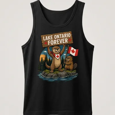 Cartoon otter and beaver with Canadian flag on Lake Ontario — printed on a tank top