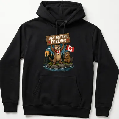 Cartoon otter and beaver with Canadian flag on Lake Ontario — printed on a unisex hoodie