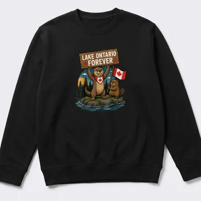 Cartoon otter and beaver with Canadian flag on Lake Ontario — printed on a unisex sweatshirt