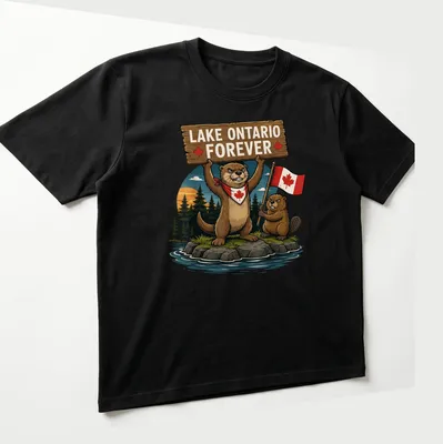 Cartoon otter and beaver with Canadian flag on Lake Ontario — printed on a unisex t-shirt (angled view)