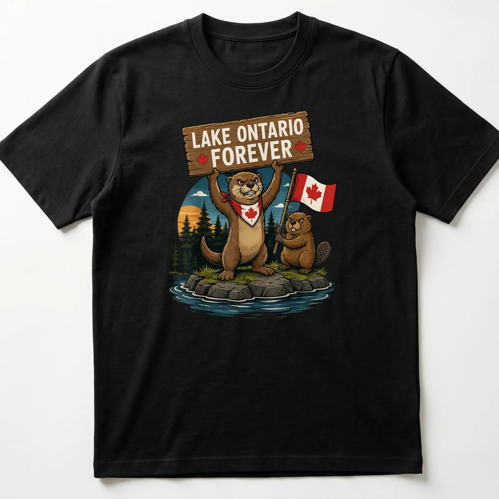 Cartoon otter and beaver with Canadian flag on Lake Ontario — printed on a unisex t-shirt