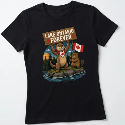 Cartoon otter and beaver with Canadian flag on Lake Ontario — printed on a women's shirt