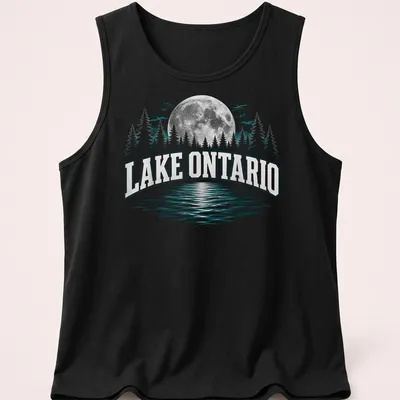Retro print of Lake Ontario at night with trees and moon. — printed on a tank top