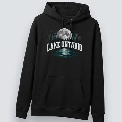 Retro print of Lake Ontario at night with trees and moon. — printed on a unisex hoodie