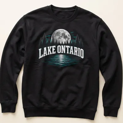 Retro print of Lake Ontario at night with trees and moon. — printed on a unisex sweatshirt