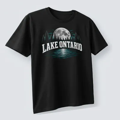 Retro print of Lake Ontario at night with trees and moon. — printed on a unisex t-shirt (angled view)