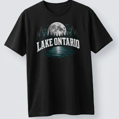 Retro print of Lake Ontario at night with trees and moon. — printed on a unisex t-shirt