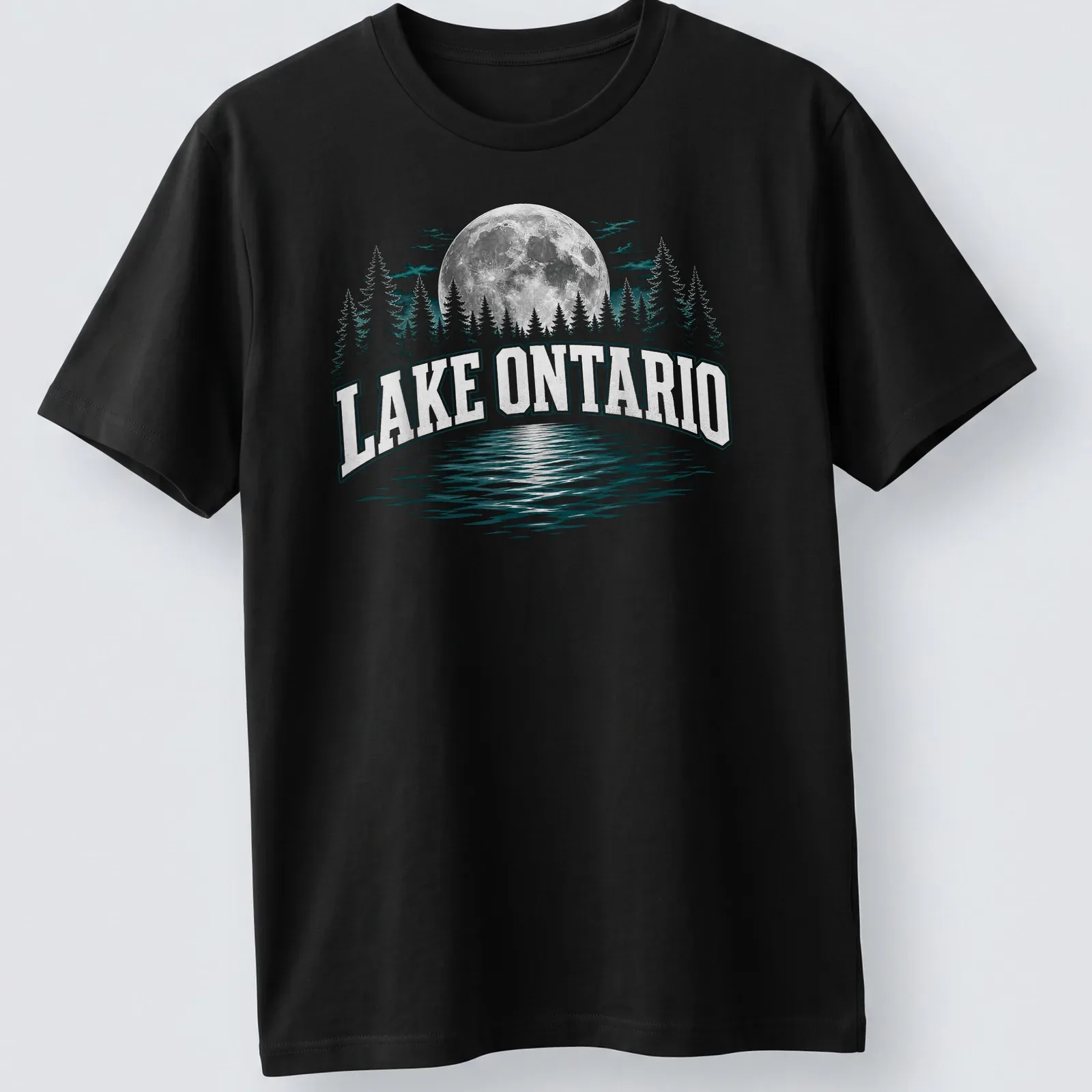Retro print of Lake Ontario at night with trees and moon. — printed on a unisex t-shirt