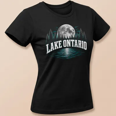Retro print of Lake Ontario at night with trees and moon. — printed on a women's shirt