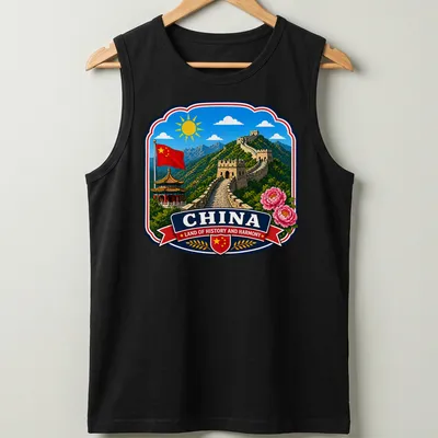 Vibrant illustration of the Great Wall of China with text about history and harmony — printed on a tank top