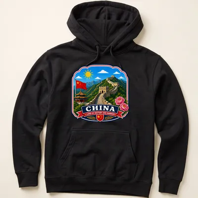 Vibrant illustration of the Great Wall of China with text about history and harmony — printed on a unisex hoodie