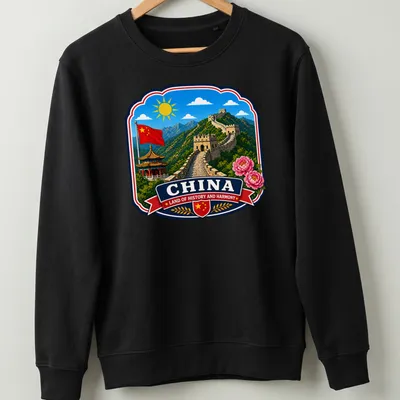Vibrant illustration of the Great Wall of China with text about history and harmony — printed on a unisex sweatshirt