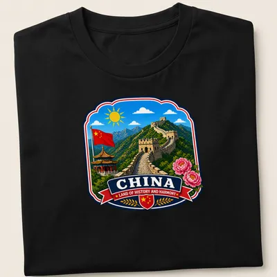 Vibrant illustration of the Great Wall of China with text about history and harmony