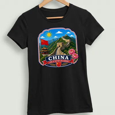 Vibrant illustration of the Great Wall of China with text about history and harmony — printed on a women's shirt