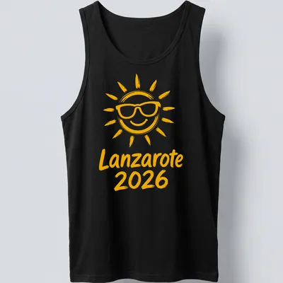 Illustration of a smiling sun with sunglasses and text 'Lanzarote 2026' in playful style — printed on a tank top