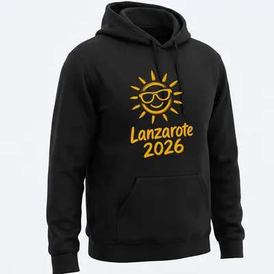 Illustration of a smiling sun with sunglasses and text 'Lanzarote 2026' in playful style — printed on a unisex hoodie
