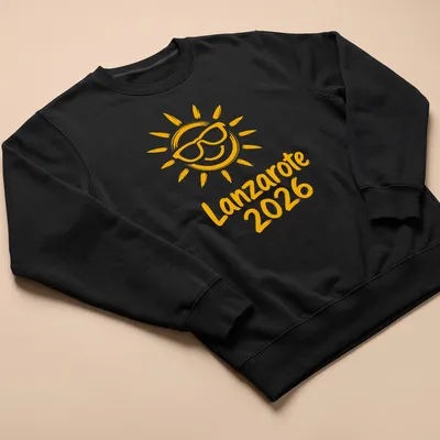 Illustration of a smiling sun with sunglasses and text 'Lanzarote 2026' in playful style — printed on a unisex sweatshirt