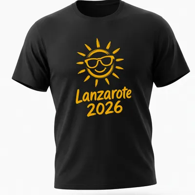 Illustration of a smiling sun with sunglasses and text 'Lanzarote 2026' in playful style