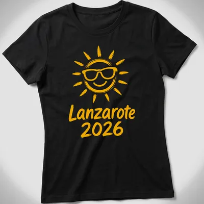 Illustration of a smiling sun with sunglasses and text 'Lanzarote 2026' in playful style — printed on a women's shirt