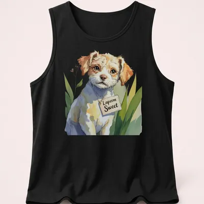 Playful illustration of a Laperm dog with the text 'Laperm Sweet' in colorful lettering — printed on a tank top