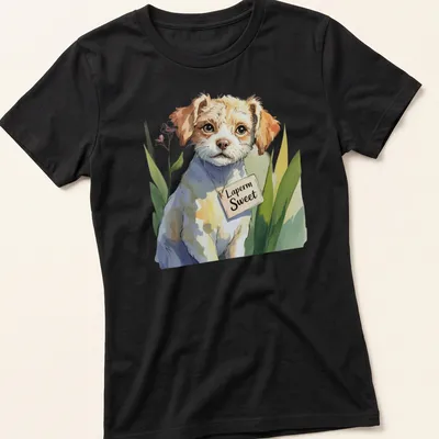 Playful illustration of a Laperm dog with the text 'Laperm Sweet' in colorful lettering — printed on a women's shirt