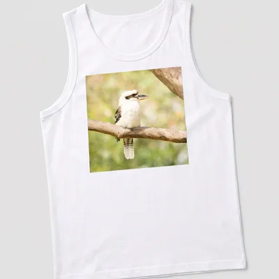 Realistic photo of a laughing kookaburra bird on a branch — printed on a tank top