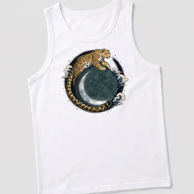 Illustration of a leopard surrounded by moon and stars in gold, black, teal, and gray — printed on a tank top
